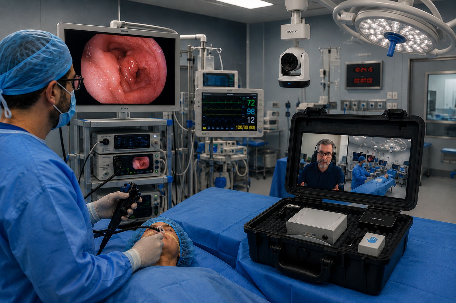 Operating room with VEGA Portable: endoscopy video on a monitor, overhead PTZ camera, and the VEGA briefcase showing telepresence with a remote TedCas expert.